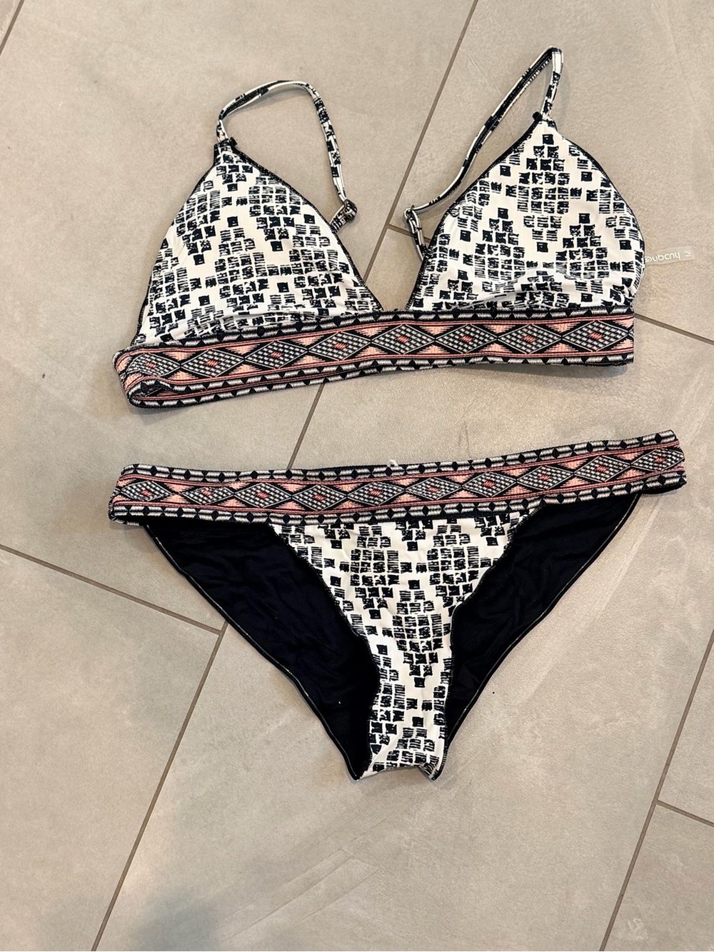 Rip Curl Black and White Patterned Bikini with Pink Accent Trim